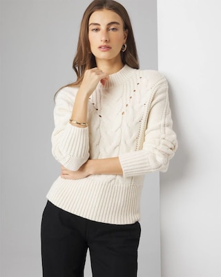 Cabled Mock Neck Pullover Sweater | White House Black Market